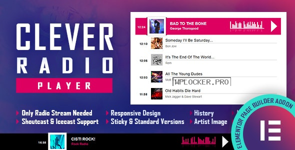 CLEVER v1.4 – HTML5 Radio Player With History – Shoutcast and Icecast – Elementor Widget Addon