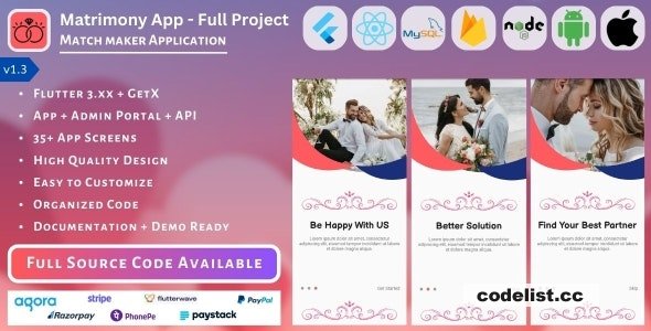 Matrimony App v1.3 – Match Maker – Full Project (Mobile App, Admin Panel, API, Database)
